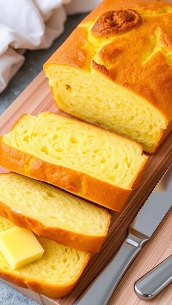 Homemade Egg Bread Recipe for Bread Machine Sliced golden egg bread on a wooden board with butter, showcasing its fluffy texture.